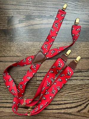 Walt Disney Hook Mens Mickey Mouse Suspenders Red Leather Adjustable Pelican USA • $8.99