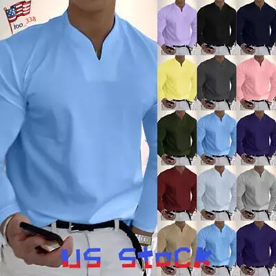 Mens Long Sleeve T-Shirts Solid Casual Loose Work Shirt Blouse Tops Plus Size • $19.39