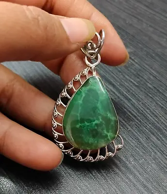 Natural Green Chrysoprase Gemstone 925 Sterling Silver Pendant Vintage Jewelry • $95.20