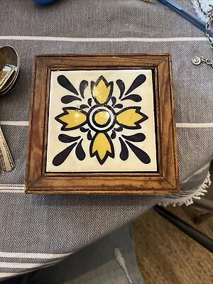 Vtg Mexican Hand Painted Tile Trivet Wood Frame Plant Stand Wall Art Floral Folk • $14.95