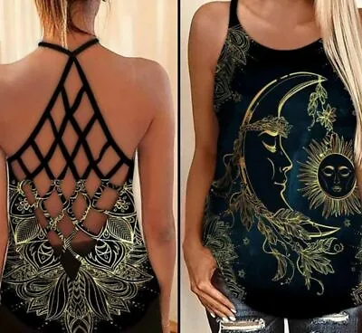 MOON TANK Criss Cross Tank Top All Over Print Mother Day Gift Us Size Best Price • $20.89