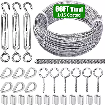 Cable Wire Railing Kit 66Ft Stainless Steel Vinyl Coated Wire Rope 1/16Turnbuc • $30.87