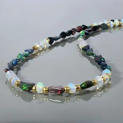 Natural Rainbow Fire Black Ethiopian Opal Beads 18  Chain Strand Necklace • $63.33