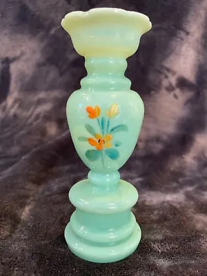 Antique Victorian Green Bristol Glass Vase Hand Painted Enamel Flowers • $25