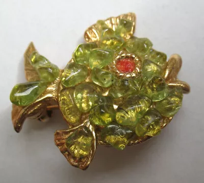 Peridot Chip Fish Brooch Pin Vintage Green Gemstone Gold Tone Nautical  • $24.99