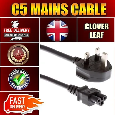 UK Mains Lead With Fuse C5 Cloverleaf Laptop Power Cable 3 Pin  • £5.99