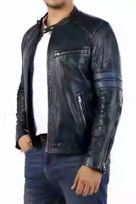 Cafe Racer Genuine Lambskin Leather Jacket Blue • $118.47