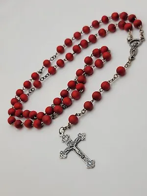 Vintage INRI Italy ROSARY W/RED Wooden PRAYER BEADS-Catholic Nun CROSS CRUCIFIX • $10.99
