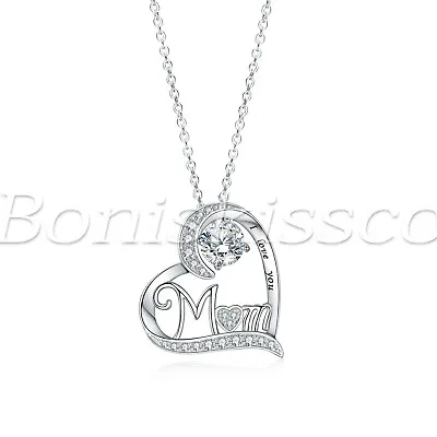 925 Sterling Silver Shiny Cubic Zirconia  Mom  Heart Necklace Mother's Day Gift • $18.99