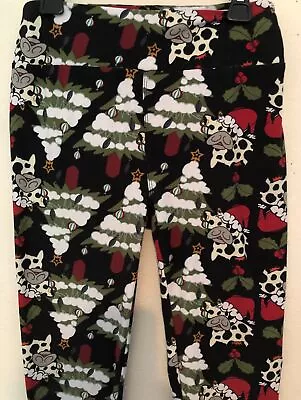 LuLaRoe Leggings One Size Christmas Cow & Trees Black HTF Print Rare Unicorn • £33.11