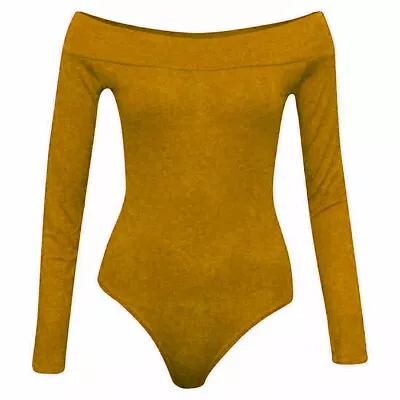 Ladies Womens Off Shoulder Long Sleeve Top Plain Stretch Bardot Bodysuit Leotard • £4.49