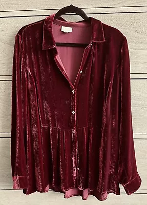 Just Gorgeous! J.Jill Button Front Peplum Shirt Tunic Red Velvet Silk Large • $45