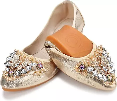 KUNWFNIX Women's Ballet Flats Crystal Wedding Ballerina Shoes Foldable Sparkly C • $48.05