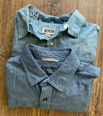 $20 • Buy Lot Of 2  Mens Shirt  Button Up Denim Pocket Jeans Chambray Blue Vintage-Small