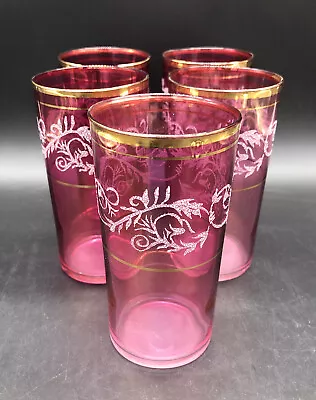 Vintage Cranberry Tumbler Set Of 5 W/Overshot & Gold Trim Accents • $42