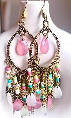 Pink Teal Boho Vintage Gold Cut Out Teardrop Beaded Dangle Chandelier Earrings • $6.99