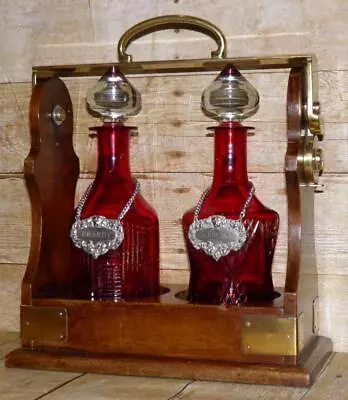 Vintage English Brass & Oak Tantalus - Pair Of Red Cut Glass Decanters By P.B&S • $421.25