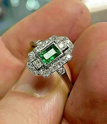 Antique Art Deco Style Emerald & Lab Created Diamond Engagement 925 Silver Ring • $76