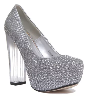 Womens Clear Perspex Transparent Block Heel Encrusted Diamond Shoes UK Size 3 -8 • £7.99