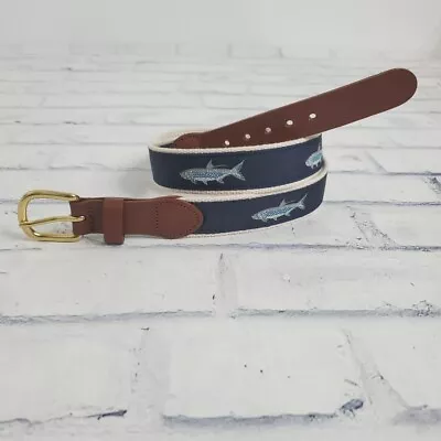 Leather Man LTD Fish Belt Mens 38 Canvas Leather Blue Bass Brass Buckle Nautical • $19.95