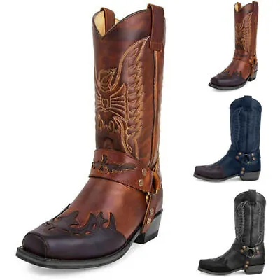 Women Vintage Embroidered High Mid Calf Boots Winter Western Cowboy Shoes Size • $55.83