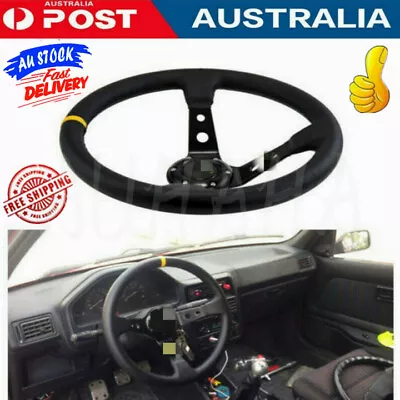 350mm Steering Wheel Deep Dish Suede Drift Rally Racing Yellow Stitching AU • $53.89