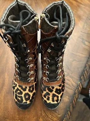 Michael Kors Khloe Leopard Calf Hair Chunky Platform Combat Biker Boots Size 8M • $50