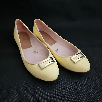 Zara Trafaluc Women's Yellow Flats Slip On Shoes Gold Buckles Size 6.5 37 • $20.99