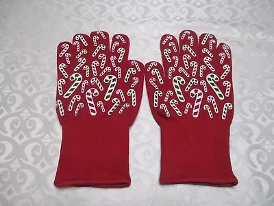 Temp-tations 1 PR Oven Safe Gloves  LARGE  Red With Silicone Accents  CANDY CANE • $17.50