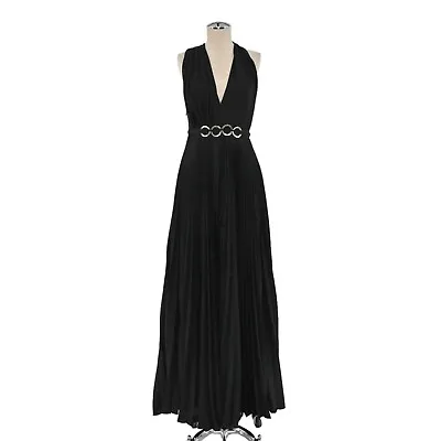 New HALSTON HERITAGE Womens Sz 2 Evening Gown Dress Black Pleated Halter Retro • $149.57