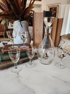 Mid Century Vintage English Fox Hunt Decanter & Sherry Glasses • $29