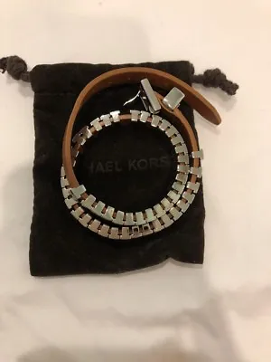 Michael Kors Double Wrap Stainless Steel Silver Tone Leather Strap Belt Bracelet • $49.95