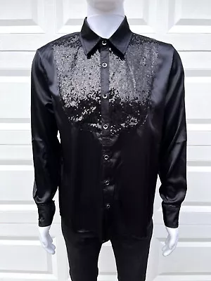 ZEROYAA Men's Shiny Sequins Satin Button Up Long Sleeve Shirt Punk Goth New Wave • $25