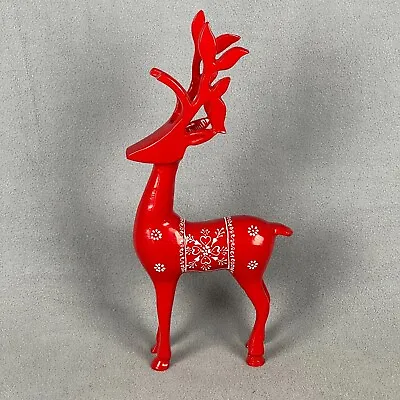 Metal Reindeer Figure Red White Painted Christmas Decor 14 Inch Tall Sculpture • $22.95