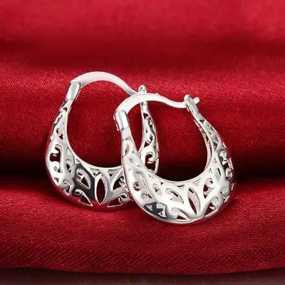 Womens 925 Sterling Silver Hollow Flower U-Shaped Vogue Hoop Earrings #E187 • $8.99