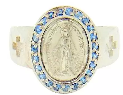 MRT Miraculous Mary Medal Ring Sterling Silver W23 Blue Crystals Sizes 5-8 Boxed • $68.50