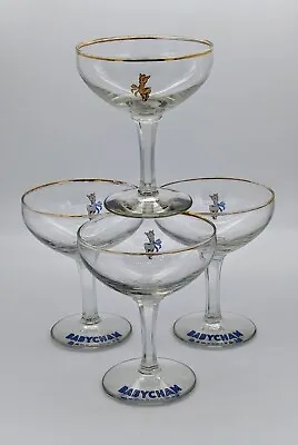 Four Vintage BABYCHAM Glasses 3 1950s With White Deer Blue Bow & Hexagonal Stem • £45