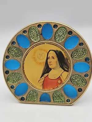 Vtg Brass Small Stained Glass Round Picture Frame Saint Picture Blue Green  • $108.75