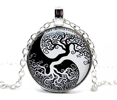 Yin Yang Tree Of Life Necklace Pendant 20  Chain Boho Life Force Chi Glass Dome • £4.95