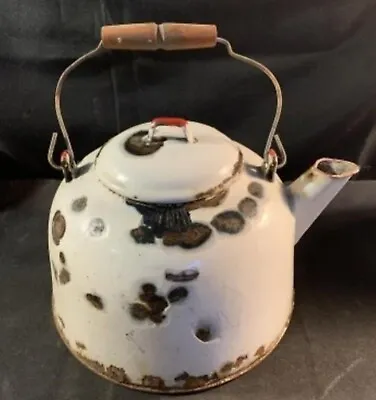 Vintage Large White Enamelware Teapot Red Trim Wooden Handle Farm House Deco • $7.99