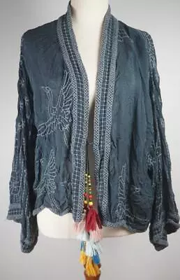 Johnny Was Short Boho Kimono Jacket Cupra Rayon Charcoal Grey Embroidered TV387 • $79