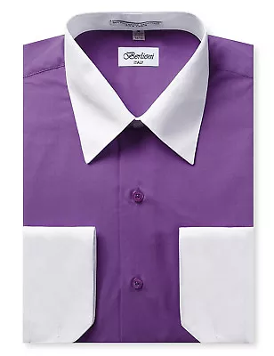 Berlioni Italy Men's Premium Classic White Collar & Cuffs Two Tone Dress Shirt • $26.24