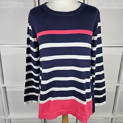 Lakeland Striped Knitted Jumper Size 12 Navy White Pink Breton Relaxed Fit LS • £9.99