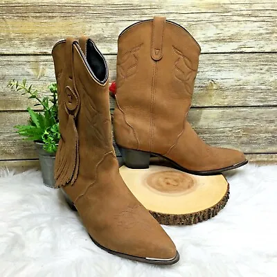 Vntg Oak Tree Farms Brown Leather Western Riding Mid Calf Cowboy Boots 8.5 • $72.99