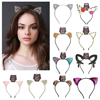 Cat Ears Headband Felt Metal Wired Lace Hairband Costume Halloween Fancy Party • £3.70
