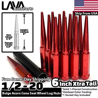 20x 6  Red 1/2-20 Spike Lug Nuts + Key Fit Mercury Pontiac Oldsmobile Models • $74.99