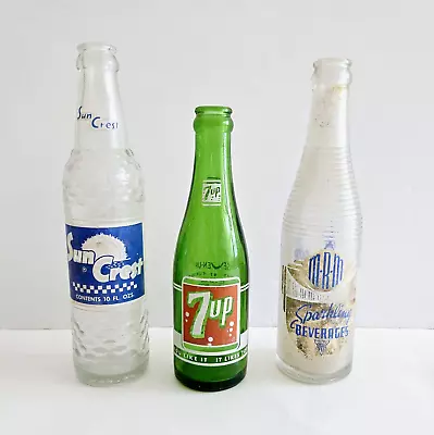 Vintage Glass Soda Bottles Mid Century Sun Crest 7Up MRM Retro Kitsch Deco Set 3 • $13.95