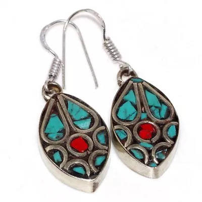 12gms Tibetan Turquoise Red Coral Nepali Tribal Earrings 1.6  Best Gifts GW • $3.99