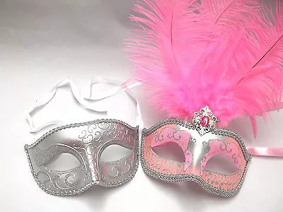 Silver Pink Couples Man Woman Prom Masquerade Mardi Gras Masks Male Female Set • $28.49