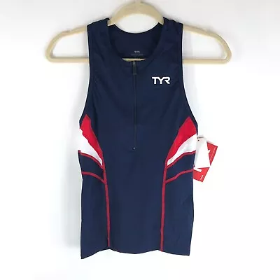 TYR Competitor Mens Tank Top W/Zipper Triathalon Cycling Navy Blue Red S • $14.99